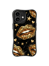 PhoneCasing iPhone 16 case featuring a night-runway leopard lip pattern with gold stars and hearts, turning a classic iphone 16 cover into wearable art.