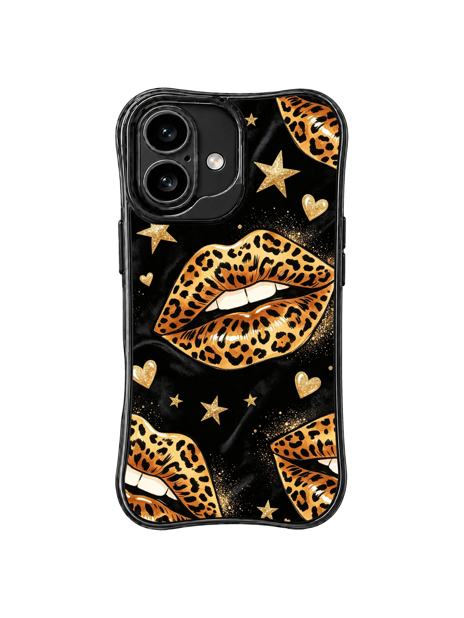 PhoneCasing iPhone 16 case featuring a night-runway leopard lip pattern with gold stars and hearts, turning a classic iphone 16 cover into wearable art.