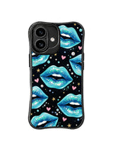 PhoneCasing iPhone 16 case with night sea kiss artwork, glossy blue lips, gold sparkle, and a black background for modern iPhone 16 cases.
