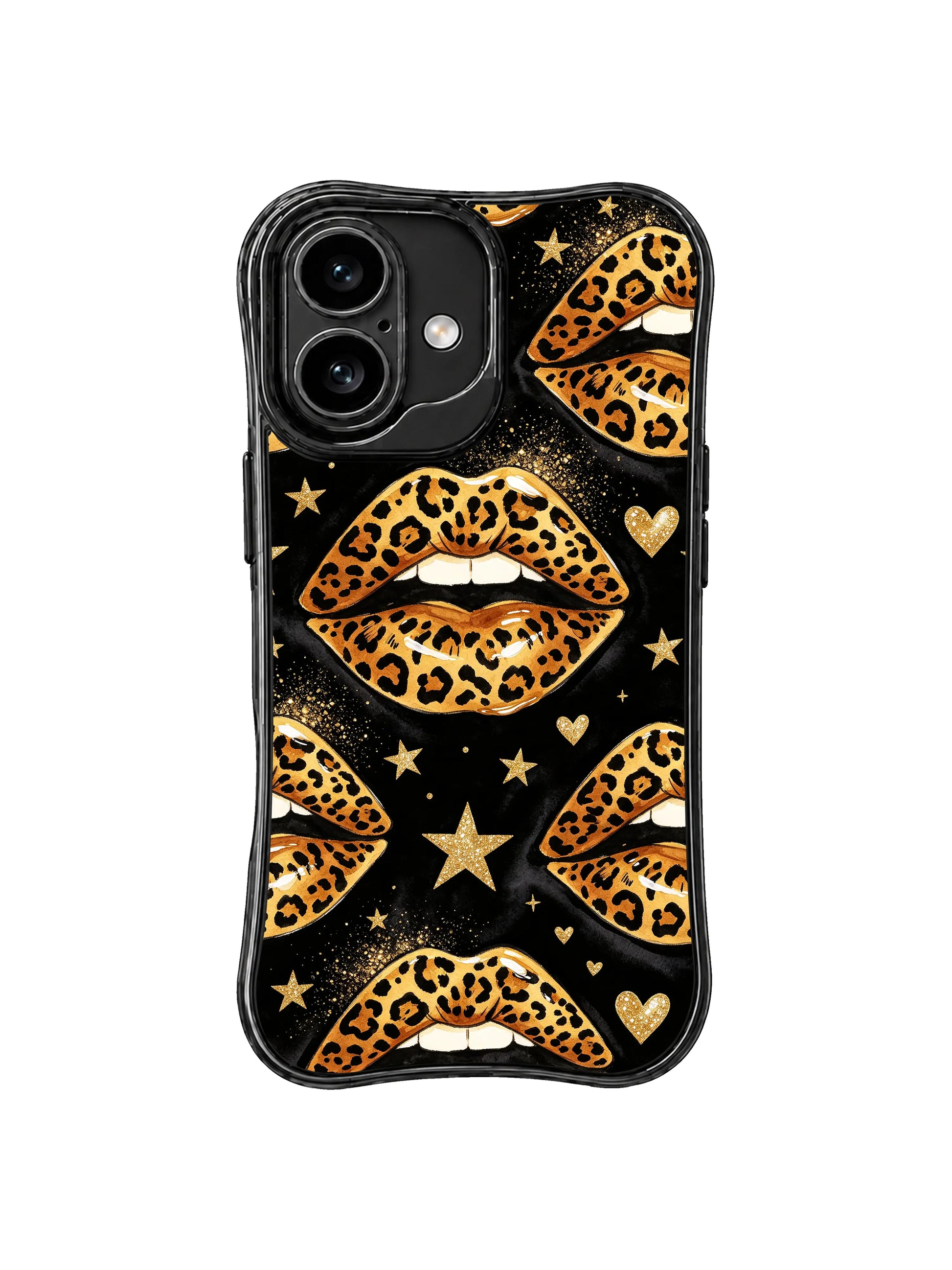 PhoneCasing iPhone 16 case with a noir leopard starfield pattern, gold flecks, and kiss motifs, suited for customers also exploring iPhone 16 Pro case styles.