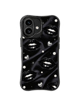 PhoneCasing iPhone 16 case featuring noir lip art, pearl accents, silver hearts, and a clean black fashion look for modern iPhone 16 cases.