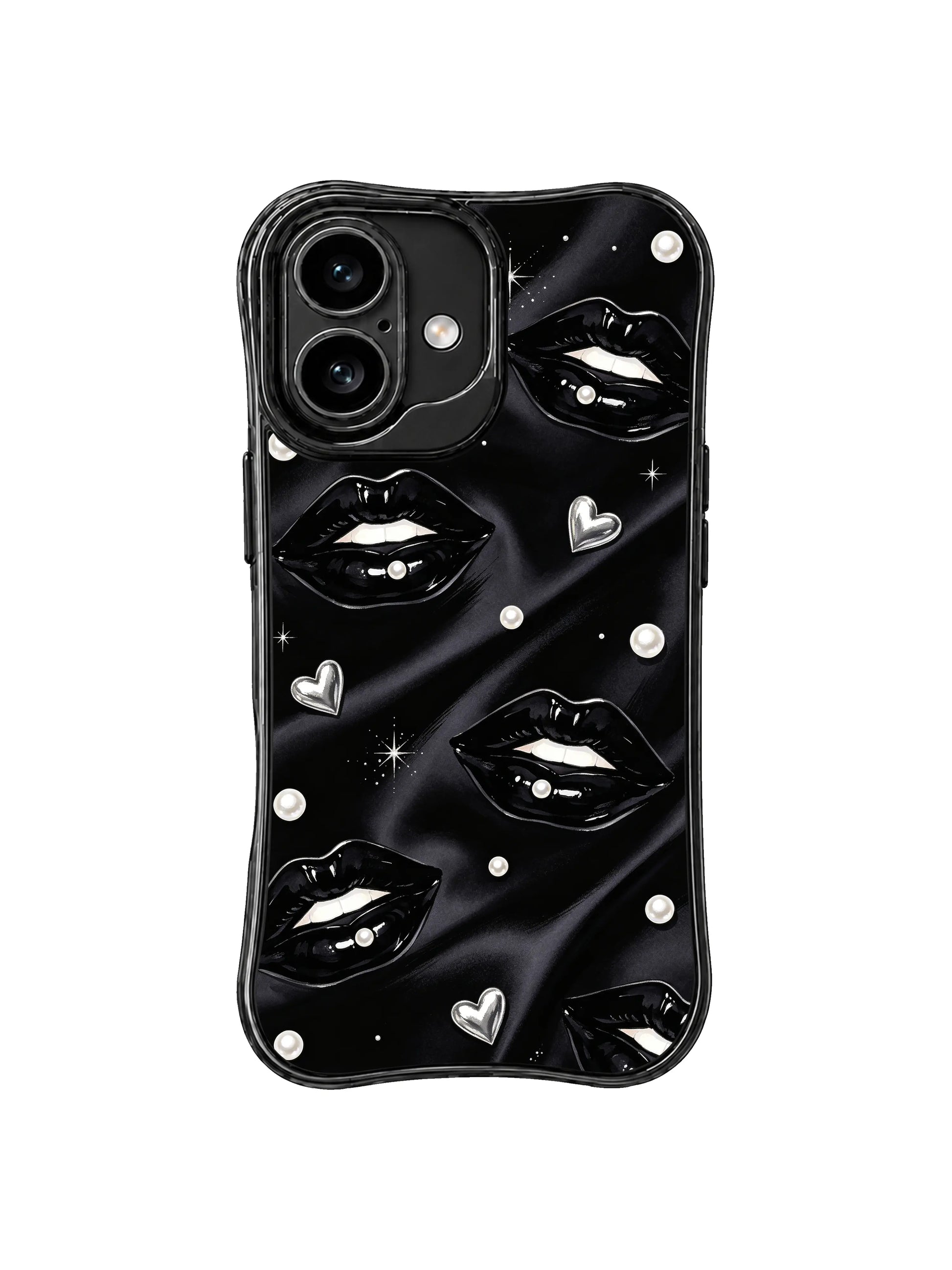 PhoneCasing iPhone 16 case featuring noir lip art, pearl accents, silver hearts, and a clean black fashion look for modern iPhone 16 cases.