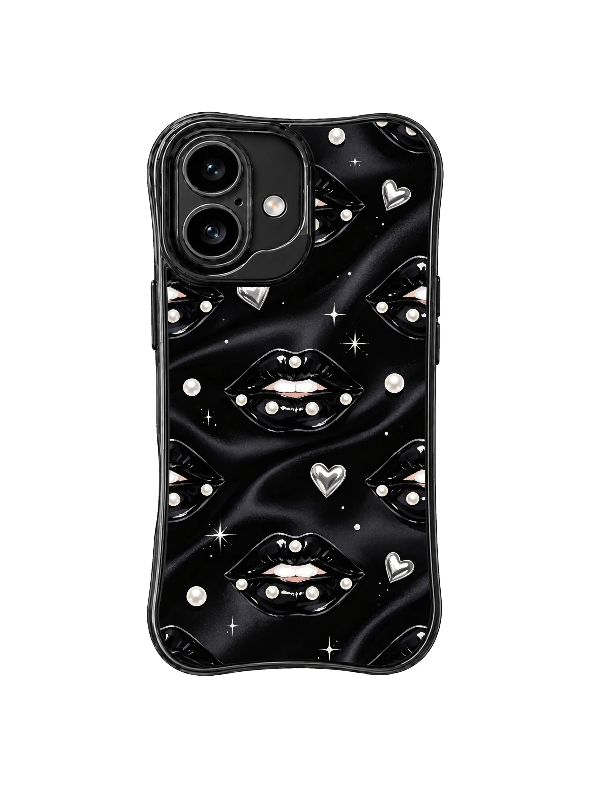 PhoneCasing iPhone 16 case featuring noir pearl cover artwork with glossy lips, white pearls, and a dark satin fashion aesthetic.