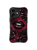 PhoneCasing iPhone 16 case with noir rose lips artwork, glossy black shine, crystal-like dots, and a refined iPhone16 casing presentation.