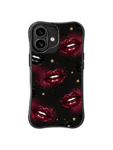 PhoneCasing iPhone 16 case featuring noir wine glow artwork with red lip highlights, black gloss, and starry gold accents.
