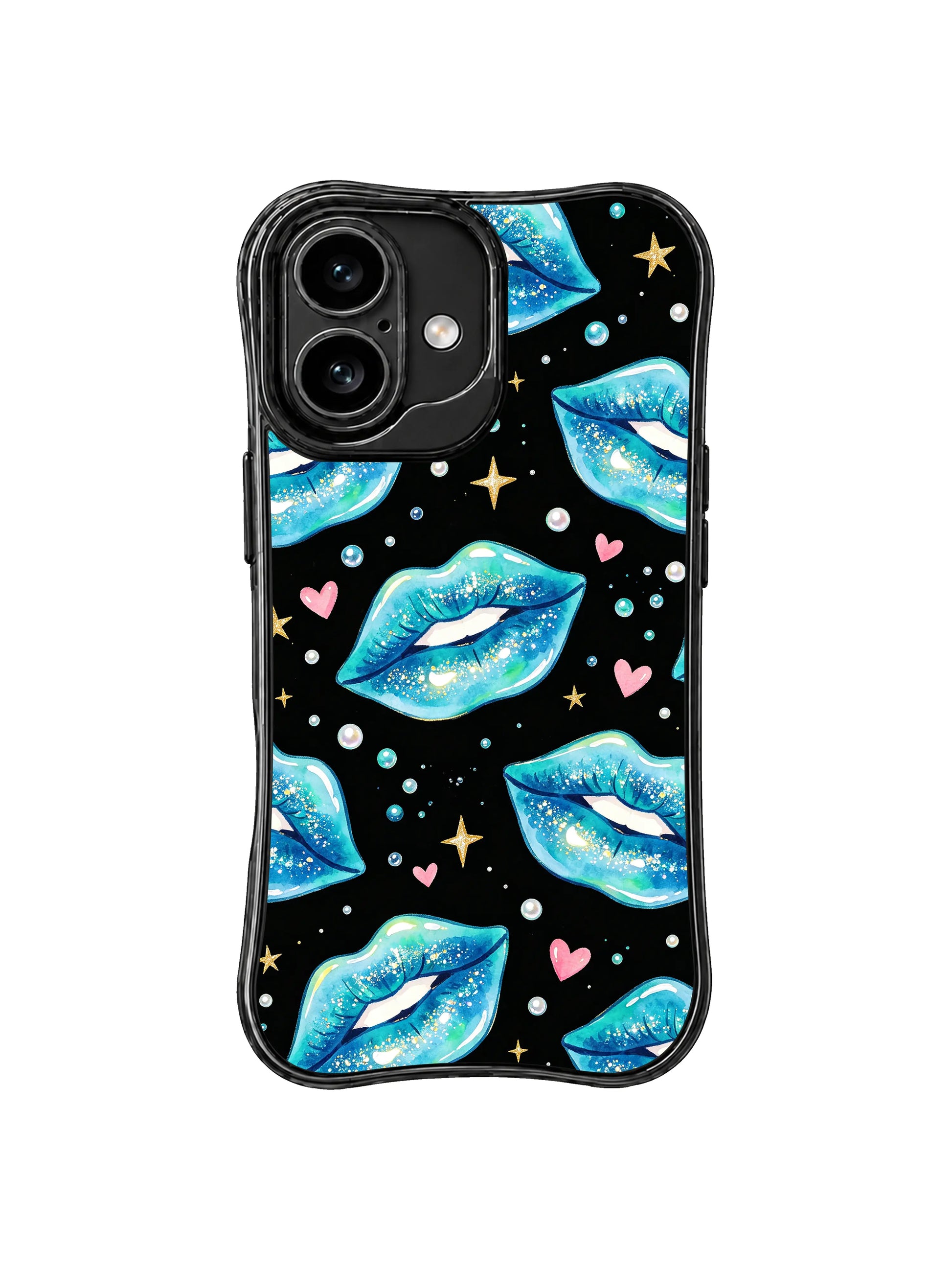 PhoneCasing iPhone 16 case with ocean glow lips, soft shimmer, black negative space, and a stylish iPhone 16 case composition.