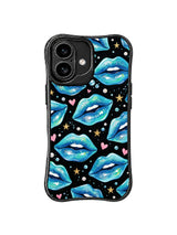 PhoneCasing iPhone 16 case featuring Ocean Neon Kiss artwork with aqua blue glossy lips, gold stars, pink hearts, and pearl-like dots on a black background.