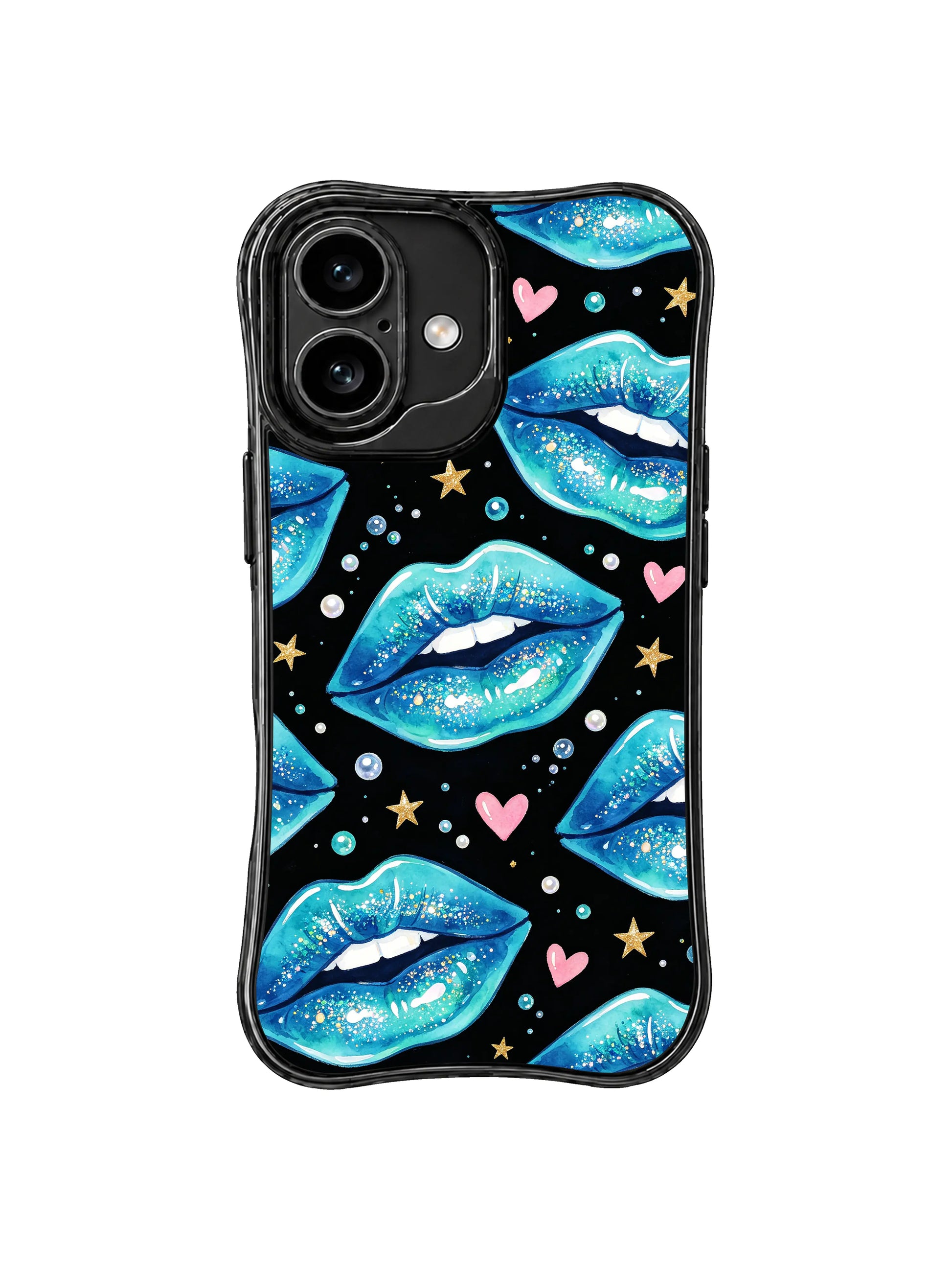 PhoneCasing iPhone 16 case featuring ocean party lips, pearl-like bubbles, tiny stars, and a cool-toned iPhone 16 casing look.