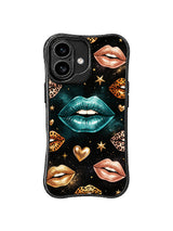 PhoneCasing iPhone 16 case featuring onyx black galaxy artwork with teal glossy lips, leopard print lips, gold hearts, and starry glam details.