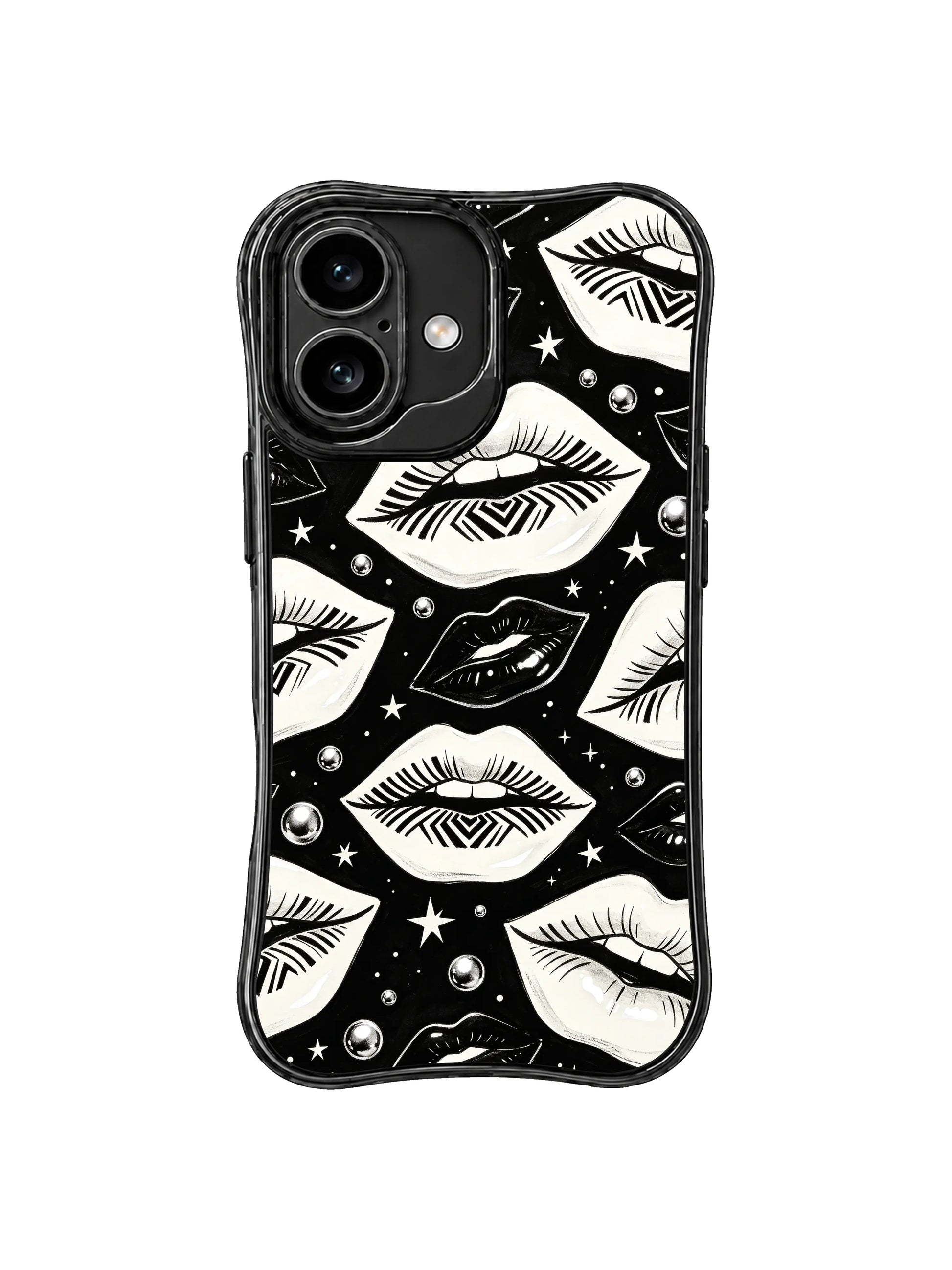 PhoneCasing iPhone 16 case featuring op art lips on black, white linework, glossy black lip accents, and silver dot details.