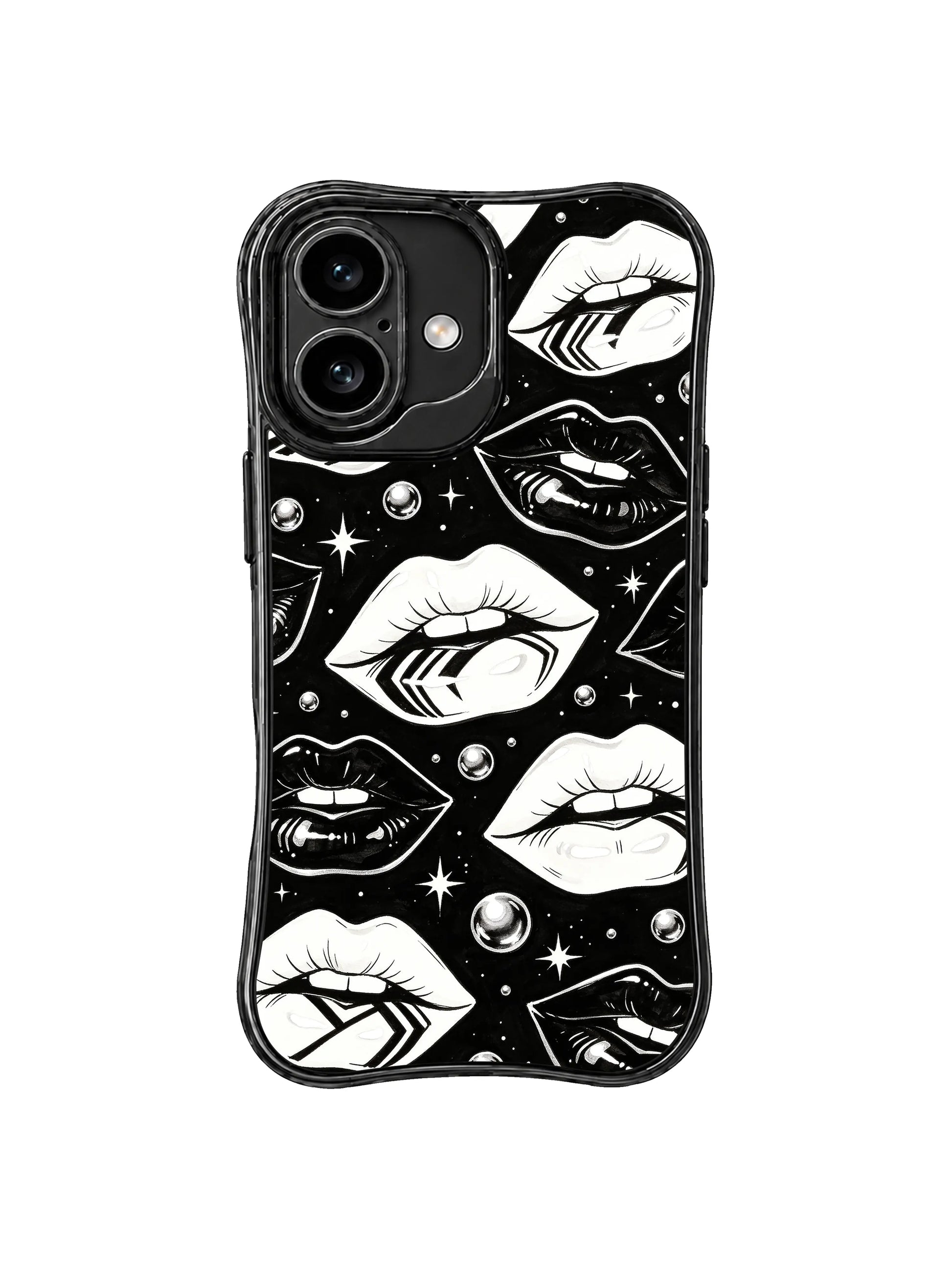 PhoneCasing iPhone 16 case with optic glam cover artwork, striped lip interiors, chrome bead accents, and a sharp monochrome visual rhythm.