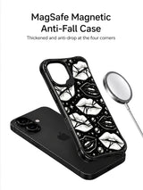 PhoneCasing iPhone 16 case featuring optical lips pattern artwork, white stars, silver bead accents, and a bold iPhone16 casing aesthetic.