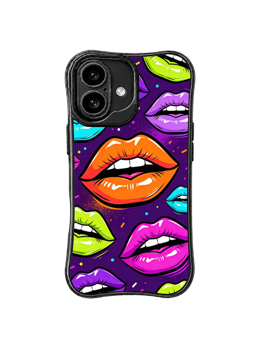 PhoneCasing iPhone 16 case featuring Orange Electric Kiss artwork with glossy orange lips, purple pop art background, and neon lip accents.