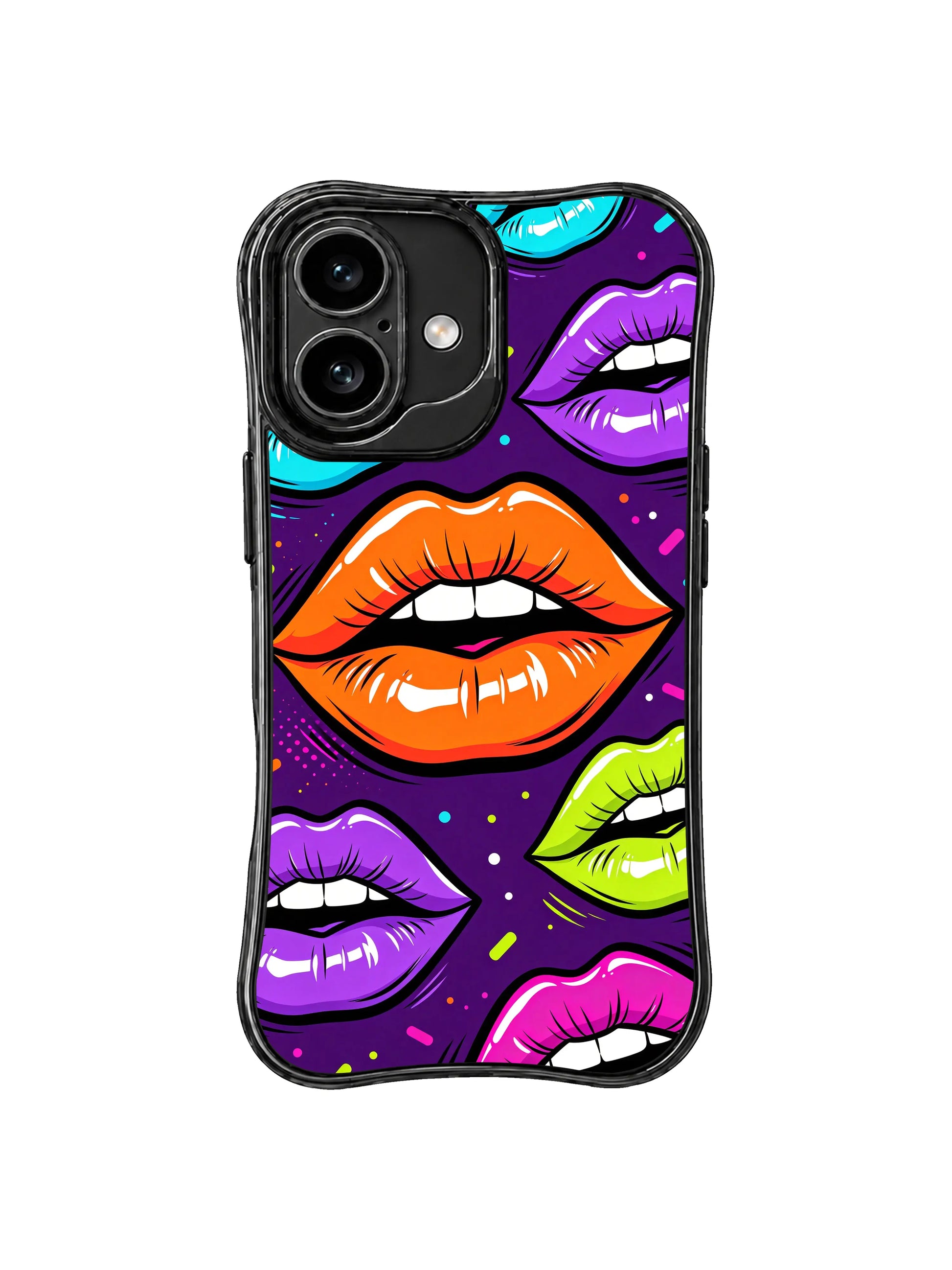 PhoneCasing iPhone 16 case with Orange Stage Kiss artwork, purple nightlife color, and glossy neon lips for a premium iPhone16 casing feel.