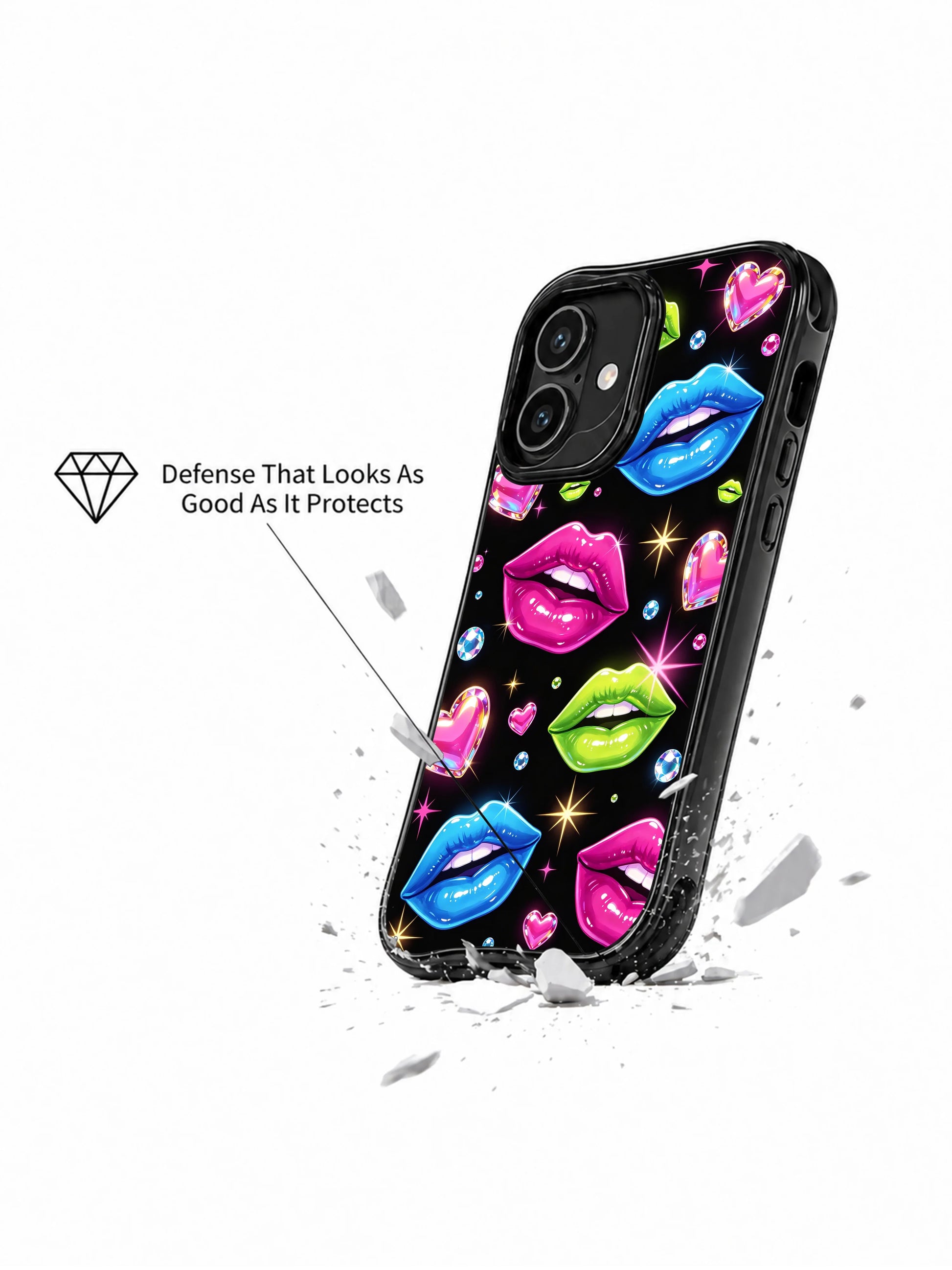 PhoneCasing iPhone 16 case featuring party glam lips, bright blue and magenta tones, and jewel-like hearts for a bold iPhone 16 Pro case aesthetic.