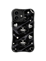 PhoneCasing iPhone 16 case with pearl glam cover artwork, glossy black lips, chrome heart details, and elegant iPhone 16 casing appeal.