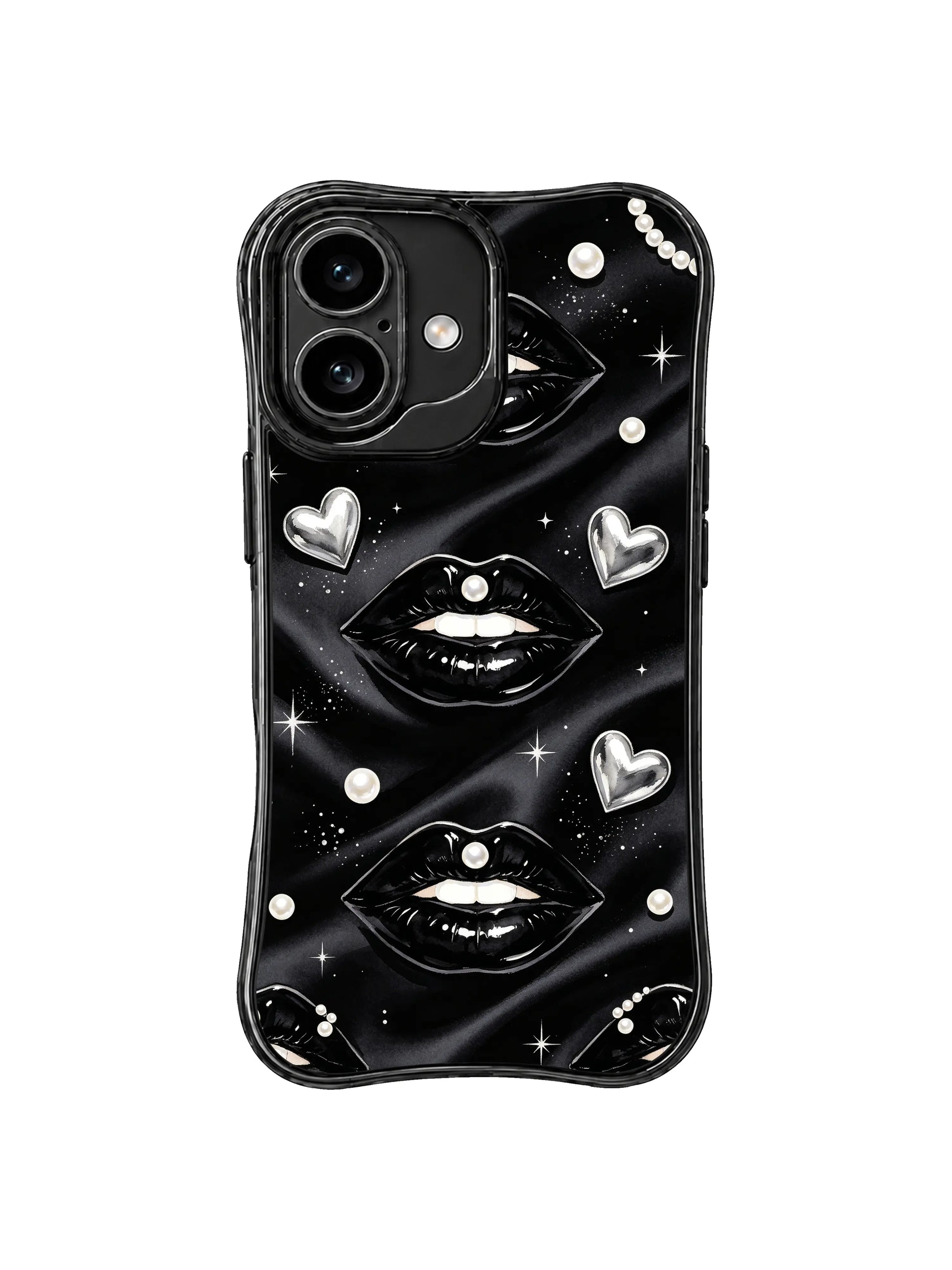 PhoneCasing iPhone 16 case with pearl glam cover artwork, glossy black lips, chrome heart details, and elegant iPhone 16 casing appeal.