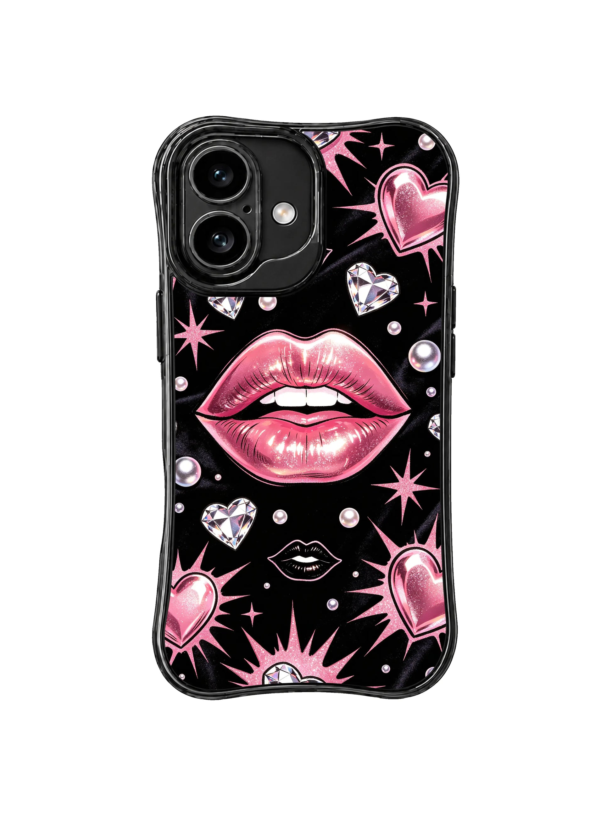 PhoneCasing iPhone 16 case featuring a pearl-dotted layout, glossy pink lips, and faceted heart gems, a distinctive iPhone 16 cover with playful luxury style.