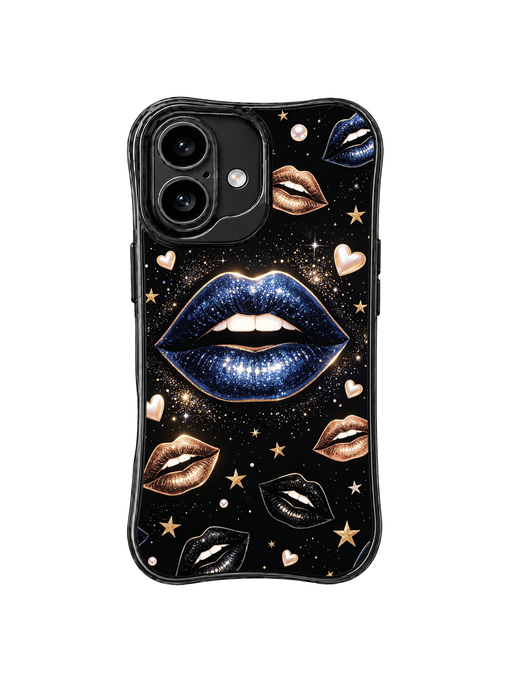 PhoneCasing iPhone 16 case with pearl hearts, starry lips, deep blue glitter, and black galaxy contrast for a refined iPhone 16 casing.