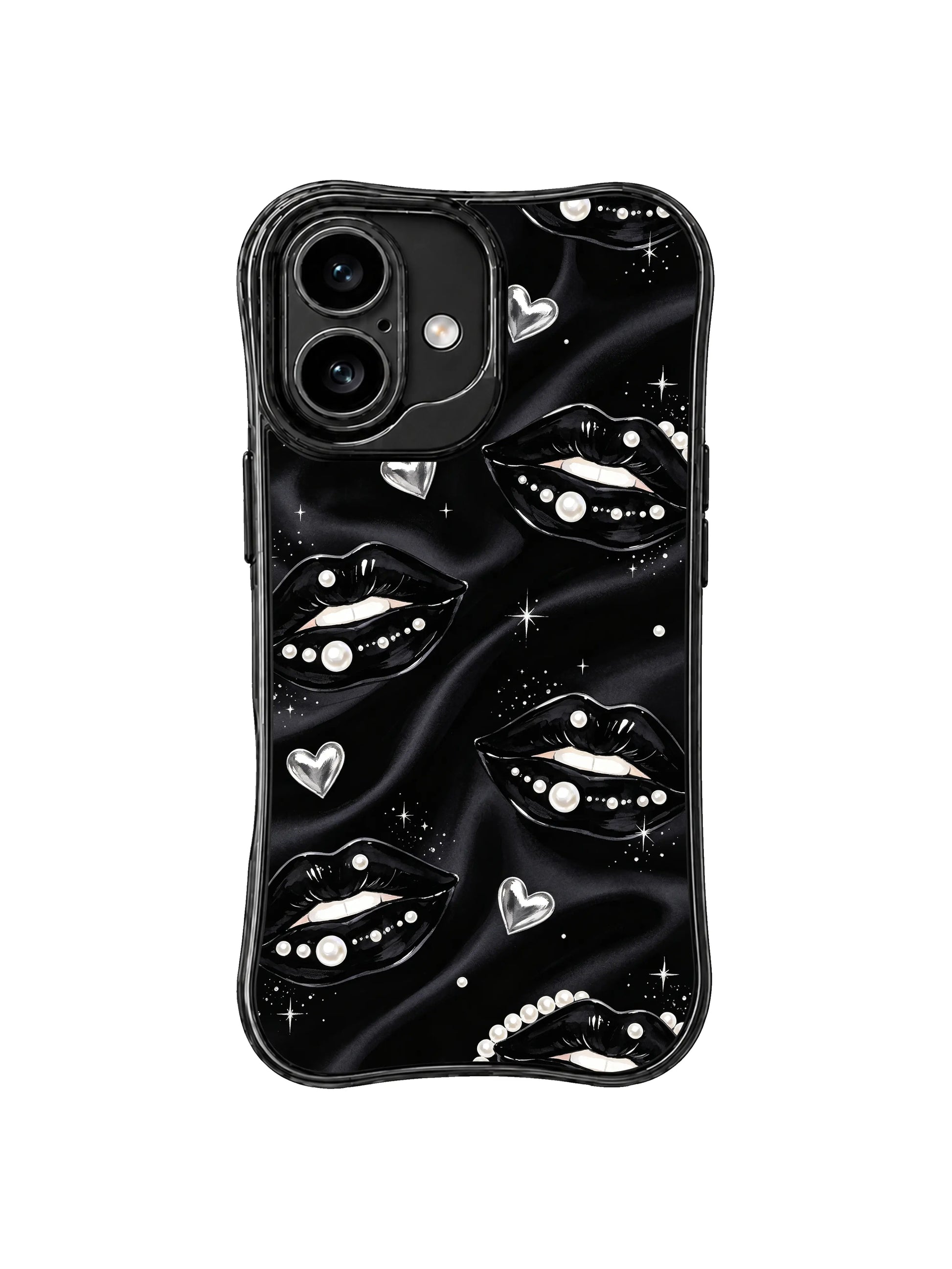 PhoneCasing iPhone 16 case featuring pearl night lips on a black satin background, made for shoppers comparing iPhone 16 Pro Max case styles.