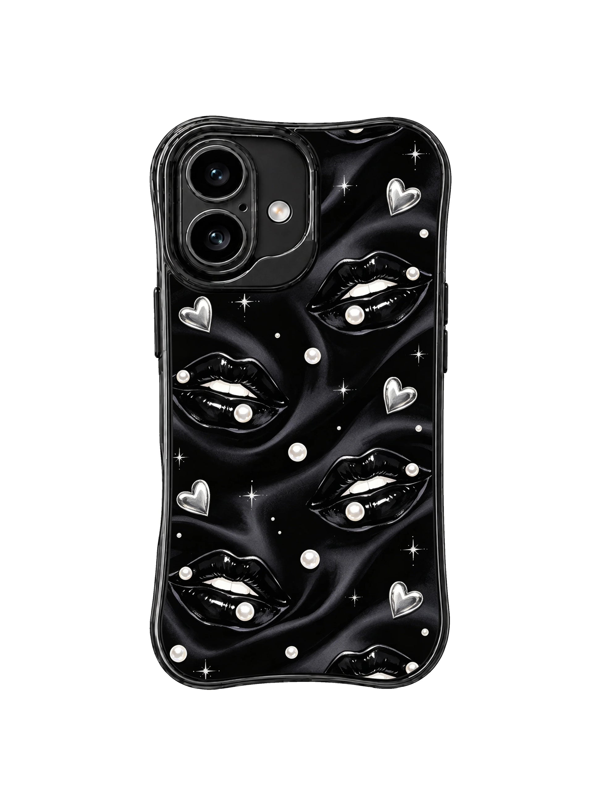 PhoneCasing iPhone 16 case featuring Pearl Noir Kiss artwork with glossy black lips, pearl details, silver hearts, and a black satin-inspired background.