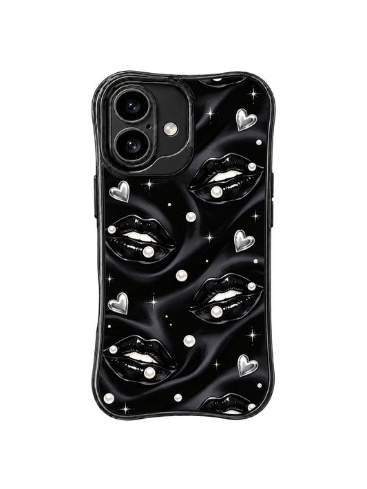 PhoneCasing iPhone 16 case featuring Pearl Noir Kiss artwork with glossy black lips, pearl details, silver hearts, and a black satin-inspired background.