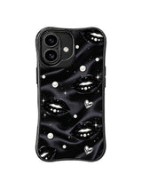 PhoneCasing iPhone 16 case with pearl-studded lips, black satin texture, and silver heart accents for a polished iPhone 16 Pro case style.