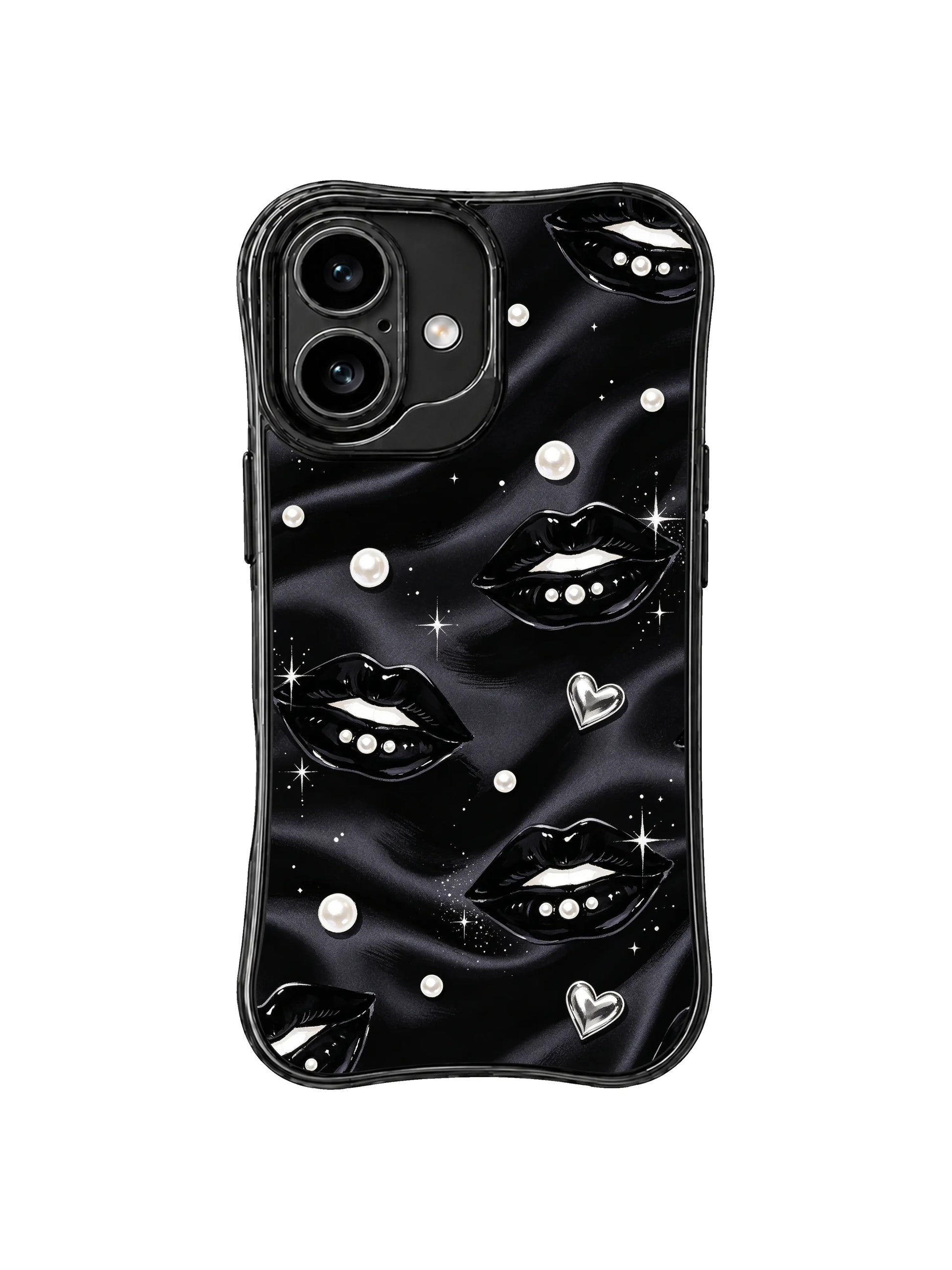 PhoneCasing iPhone 16 case with pearl-studded lips, black satin texture, and silver heart accents for a polished iPhone 16 Pro case style.