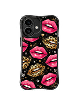 PhoneCasing iPhone 16 case with pink and leopard lip graphics, shimmering beads, and a black background, perfect as an eye-catching iphone 16 cover.