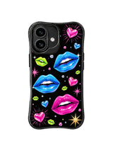 PhoneCasing iPhone 16 case featuring pink and blue lips, neon heart shapes, lime green accents, and a black high-contrast background.