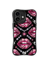 PhoneCasing iPhone 16 case featuring Pink Boundary Kiss artwork with tiger stripe lips and crystal accents for a modern iPhone16 casing feel.