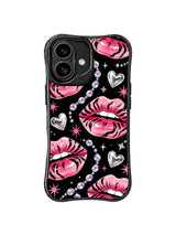 PhoneCasing iPhone 16 case featuring Pink Crystal Tiger Kiss artwork with glossy pink tiger stripe lips, silver hearts, rhinestone chains, and black glam background.