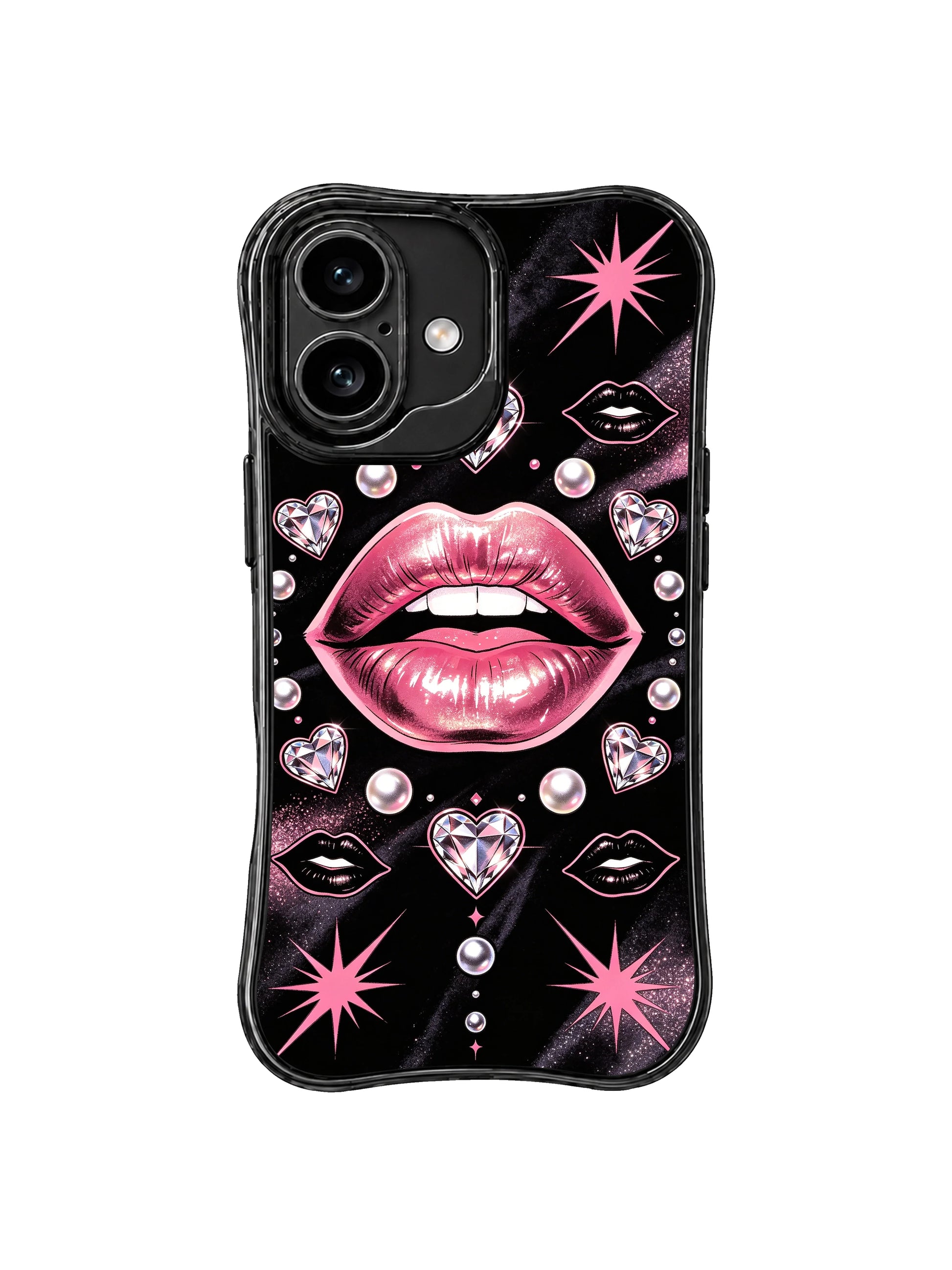 PhoneCasing iPhone 16 case with glossy pink lips, sparkling diamond hearts, and pearl details on a black velvet background, a bold iPhone 16 cover inspired by Roxie Vell’s Pink Diamond Night Kiss artwork.