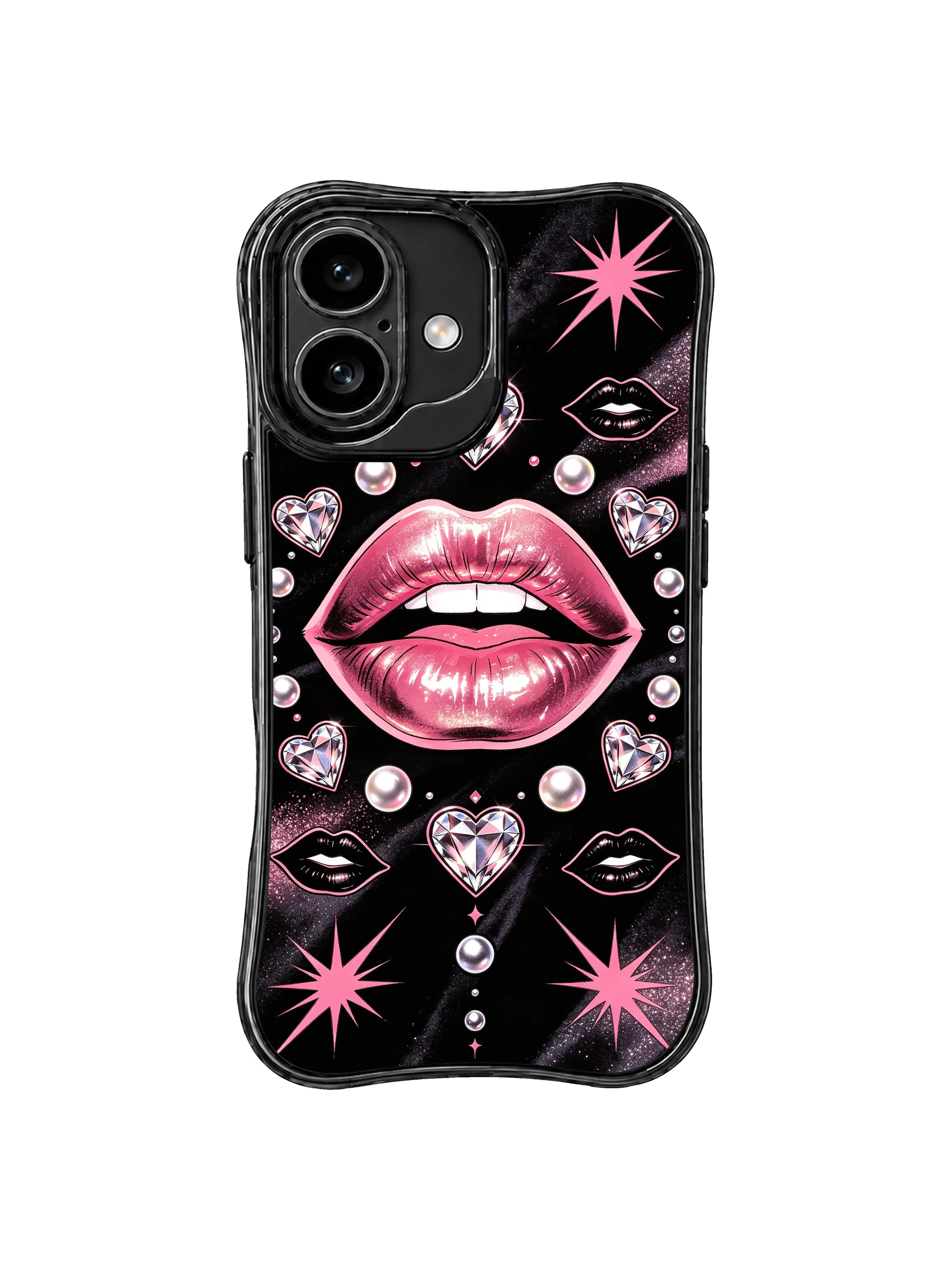 PhoneCasing iPhone 16 case with glossy pink lips, diamond hearts, and luminous pearls, a beautiful iPhone 16 cover designed for a polished romantic look.