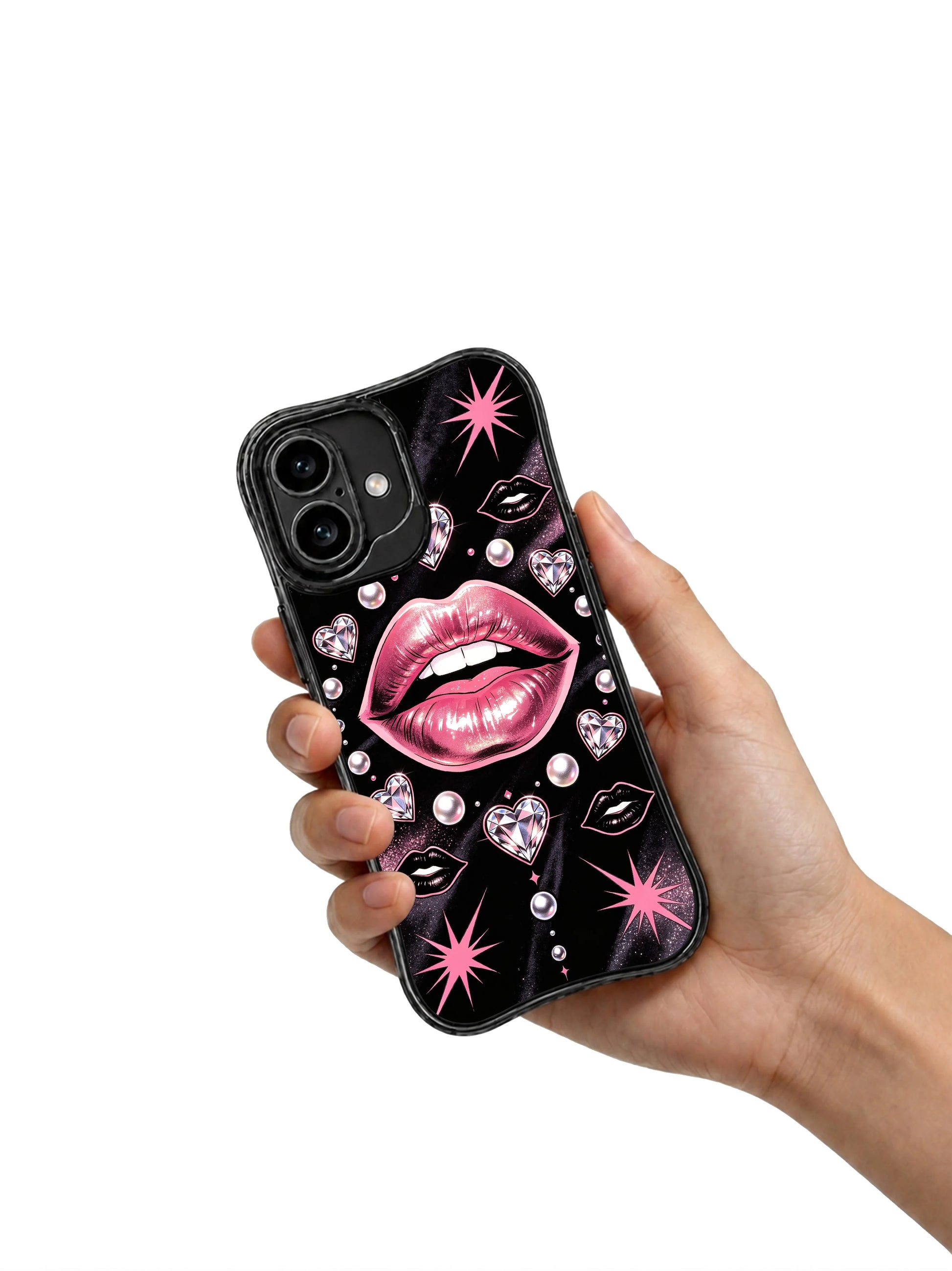 PhoneCasing iPhone 16 case featuring glossy pink lips, pearl bubbles, and bright star shapes, blending playful detail with a chic iPhone 16 casing design.