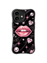 PhoneCasing iPhone 16 case with luminous pink lips, diamond-cut hearts, and pearl accents, a refined iPhone 16 cover made for lovers of glam illustration.