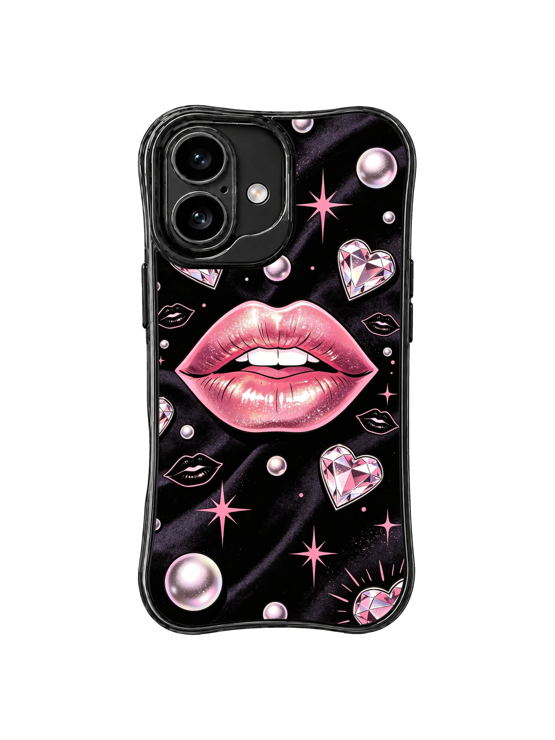 PhoneCasing iPhone 16 case with luminous pink lips, diamond-cut hearts, and pearl accents, a refined iPhone 16 cover made for lovers of glam illustration.