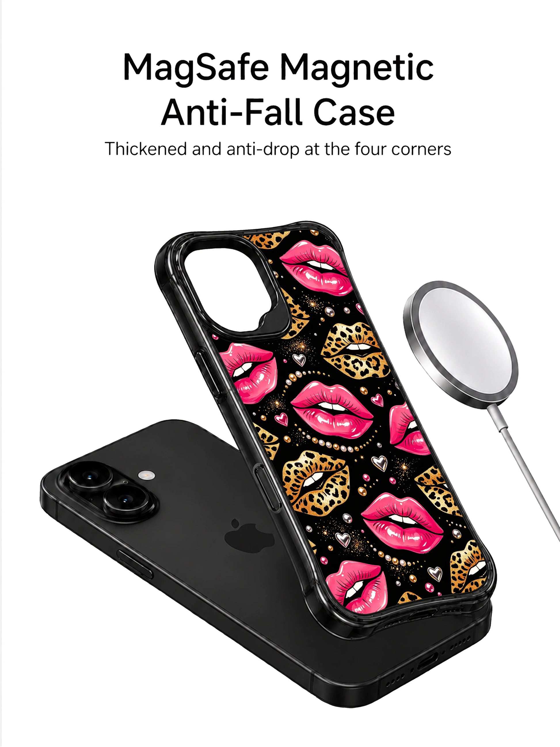 PhoneCasing iPhone 16 case showcasing pink lips, leopard spots, gold dust, and jeweled accents for an elevated iPhone16 casing look.