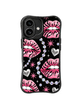 PhoneCasing iPhone 16 case featuring pink lips, rhinestone chains, and metallic silver hearts for a dramatic iPhone 16 cover look.