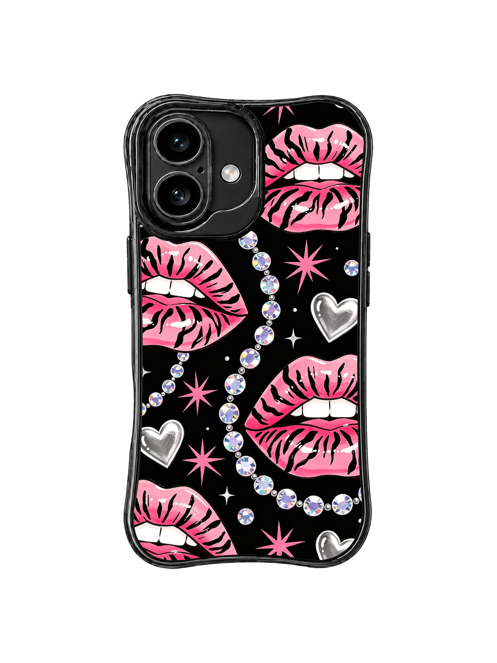 PhoneCasing iPhone 16 case featuring pink lips, rhinestone chains, and metallic silver hearts for a dramatic iPhone 16 cover look.