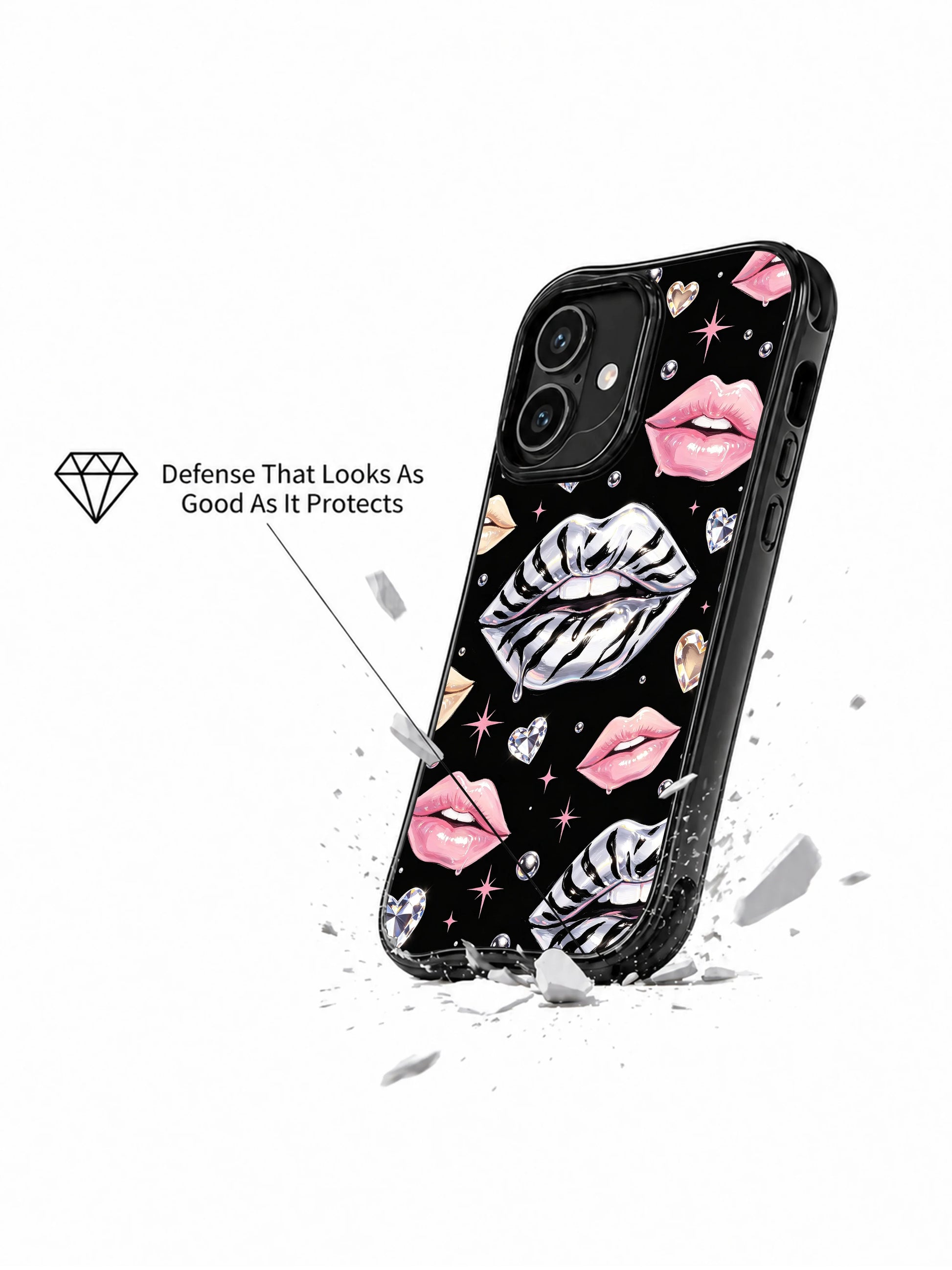 PhoneCasing iPhone 16 case featuring pink lips, silver zebra lips, crystal hearts, and a confident black glam pattern.