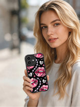 PhoneCasing iPhone 16 case with pink rhinestone inspired lip pattern, silver hearts, and star accents for an expressive iPhone 16 Pro case style.