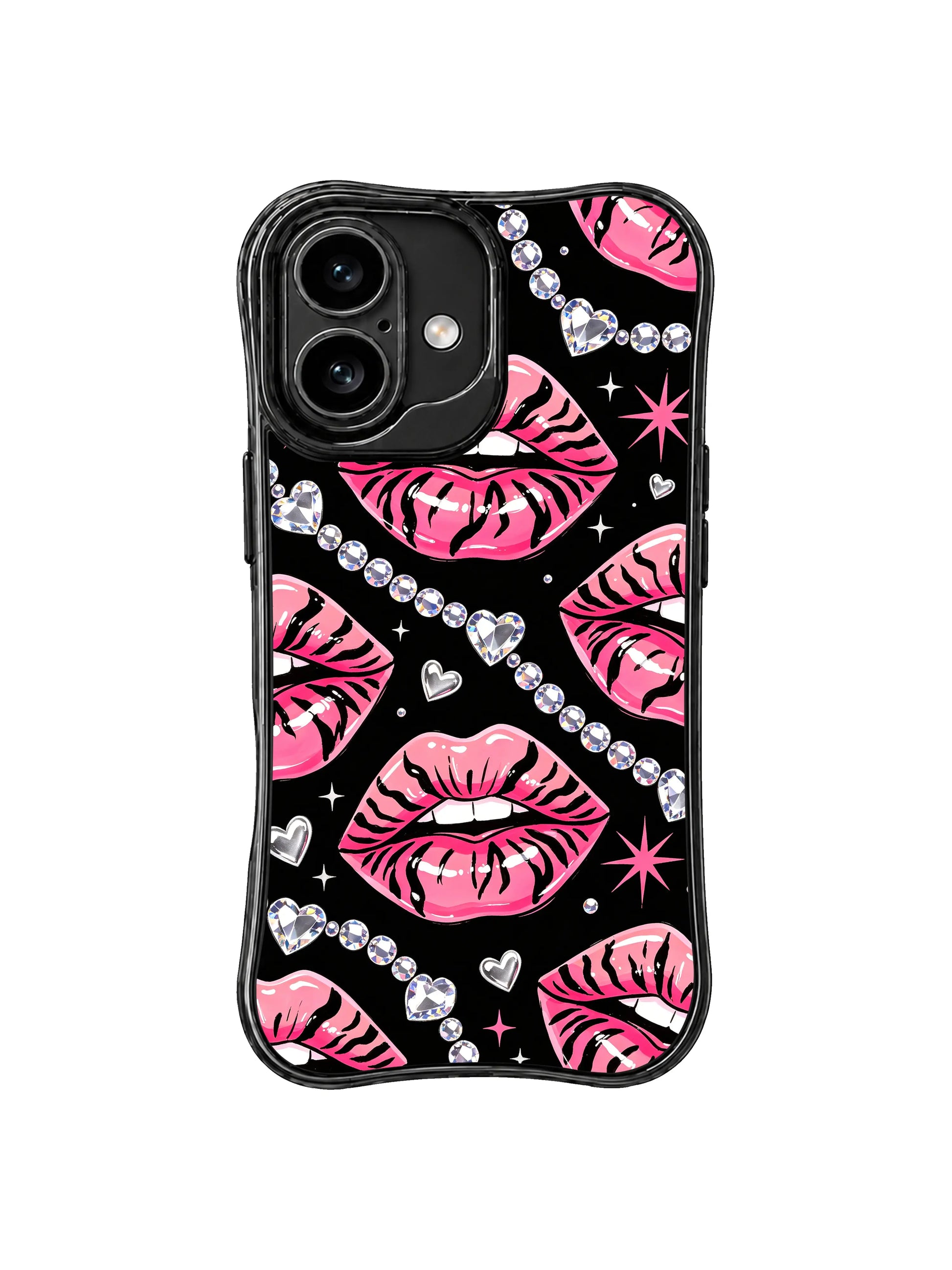 PhoneCasing iPhone 16 case with pink star details, crystal lip accents, and silver heart motifs for a bold feminine daily art piece.