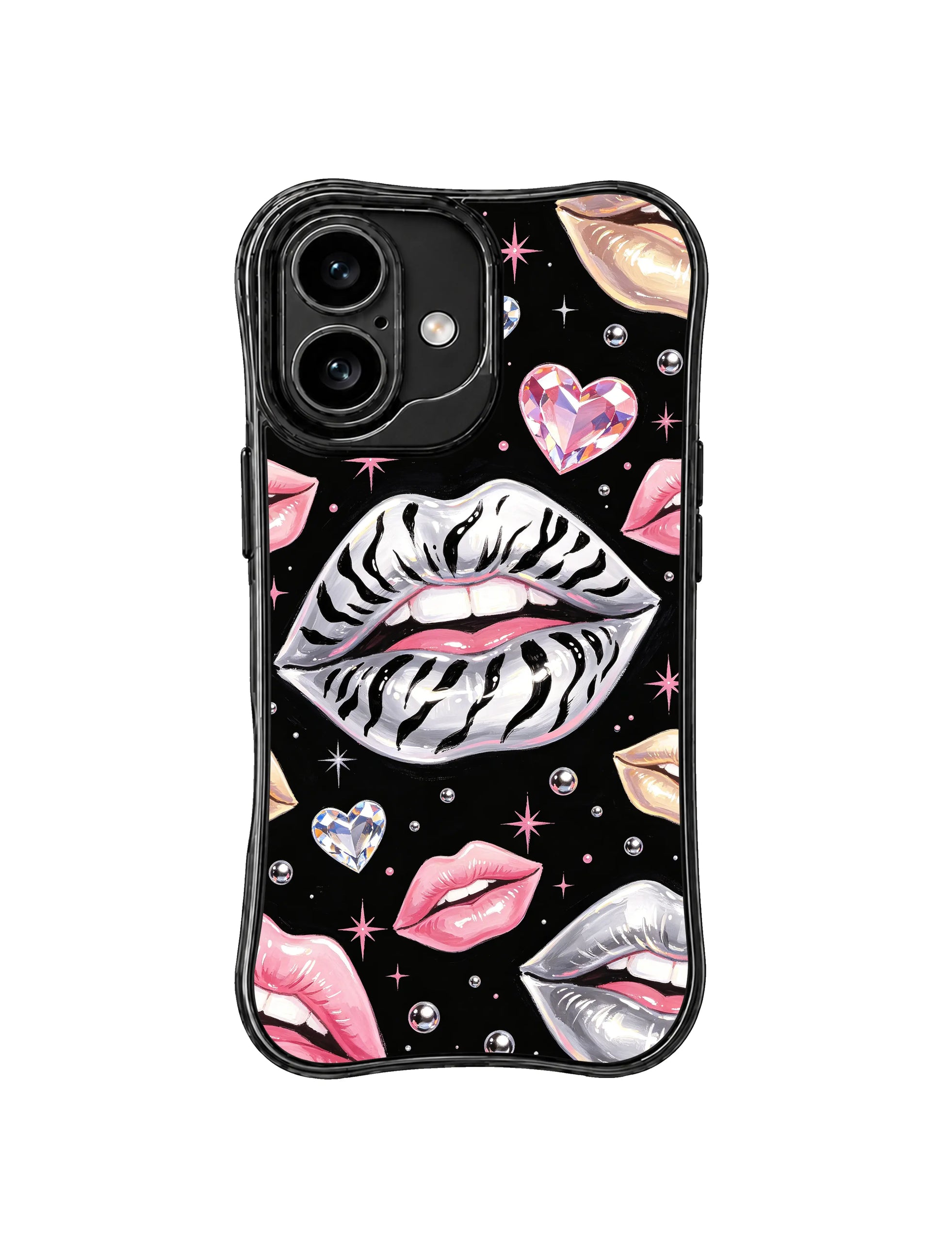 PhoneCasing iPhone 16 case featuring pink starbursts, silver zebra kiss artwork, glossy lip details, and a bold feminine art mood.