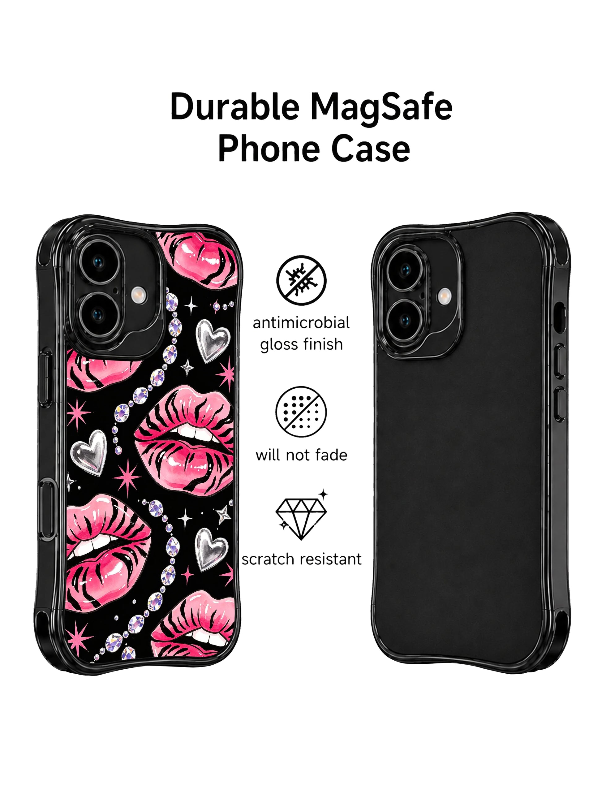 PhoneCasing iPhone 16 case with pink tiger stripe lips and crystal chain details for shoppers exploring bold iPhone 16 cases.