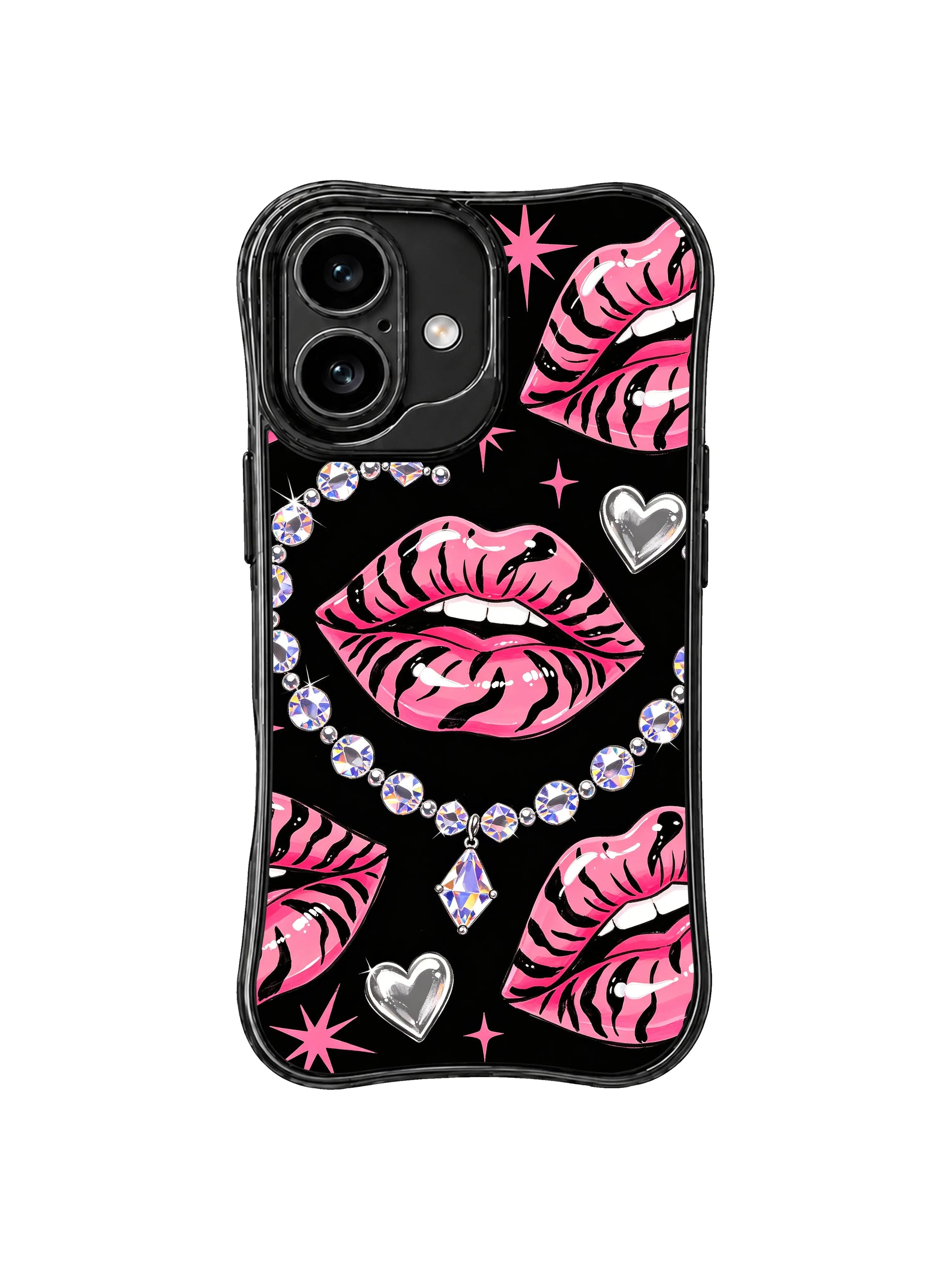PhoneCasing iPhone 16 case featuring pink tiger stripe lips and silver crystal elements for a fashion forward iPhone 16 cover.