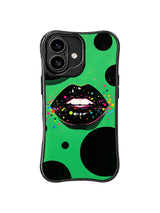 PhoneCasing iPhone 16 case with pop glam green lips styling, glossy black center artwork, and playful color dots.