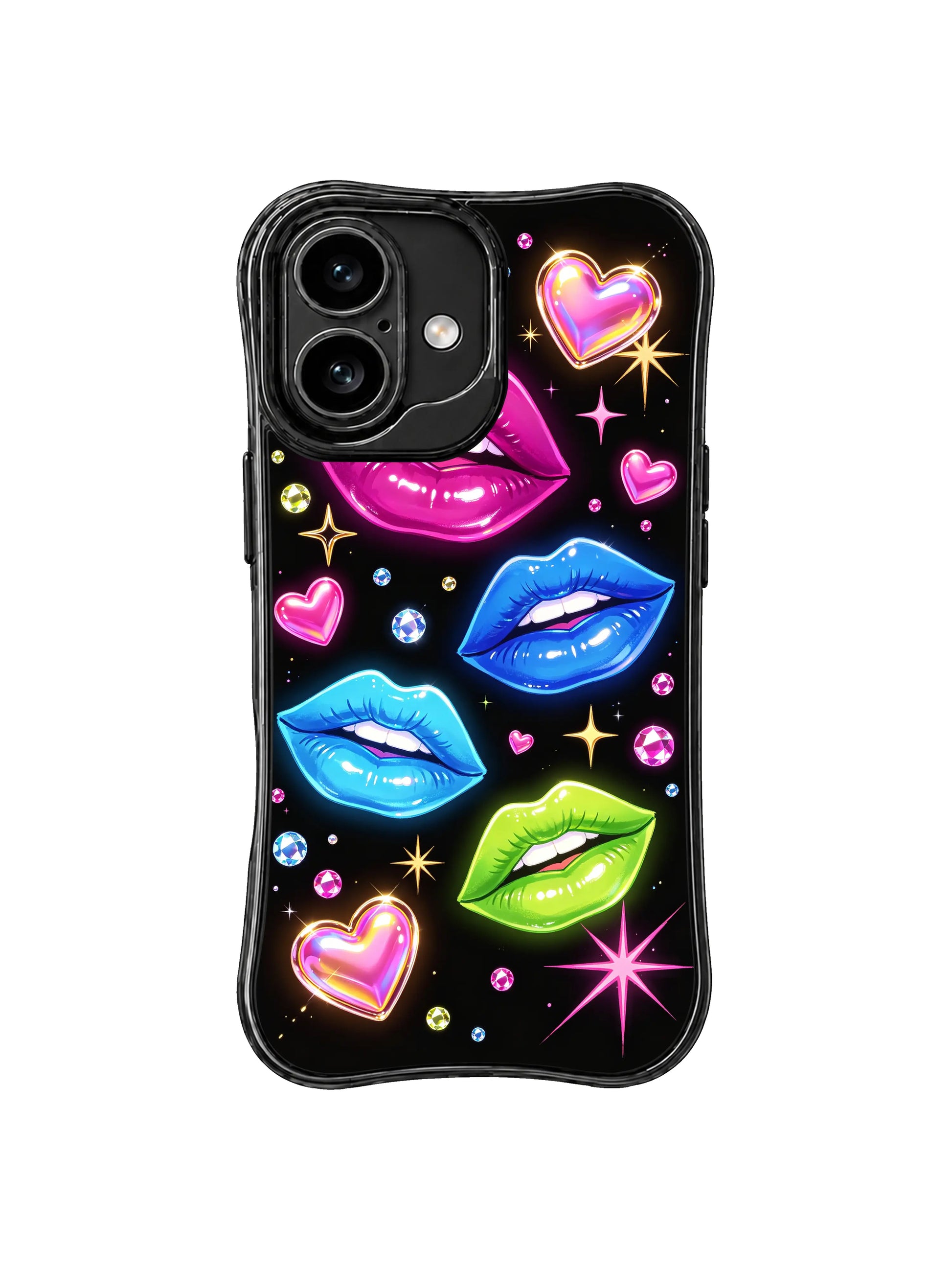 PhoneCasing iPhone 16 case featuring pop glam heart cover art with neon lips, starbursts, and glossy party-inspired detail.