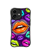 PhoneCasing iPhone 16 case featuring pop glam orange kiss artwork with glossy highlights, bold outlines, and bright color frequency.