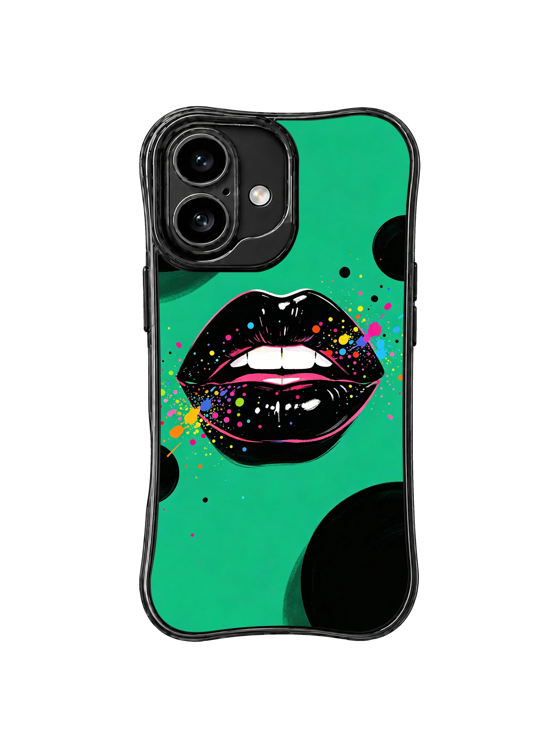 PhoneCasing iPhone 16 case featuring Emerald Night Lips styling with glossy black lips and color sparks for iPhone 16 Pro Max case shoppers.